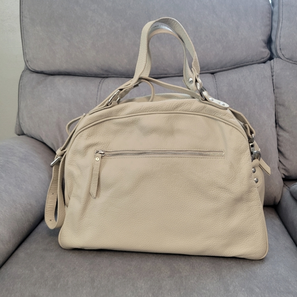 Pulicati Italian Beige Tan Leather Handbag With Woven Back And Linen Inner Large